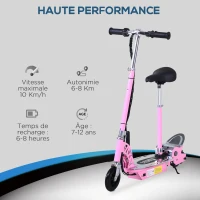 HOMCOM Trottinette électrique 120 W pliable pour enfant de 6+ ans hauteur guidon et selle réglable 10 Km/h max. rose(m-7)
