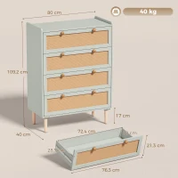 HOMCOM Cômoda 4 Gavetas em Madeira e Rattan PVC, Estilo Boêmio, para Quarto, Entrada, Corredor, 80x40x109,2cm, Verde Sálvia(m-3)