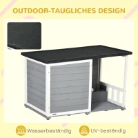 PawHut Hundehütte aus Massivholz, mit 2 Fressnäpfen, Veranda, wetterbeständig, 103 cm x 62 cm x 66 cm, Grau + Weiß(m-6)