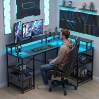 HOMCOM L Shaped Gaming Desk with LED Lights and Power Outlets, 150cm Corner Computer Desk for Small Space, Black(m-10)