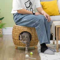 PawHut 2-in-1 kattengrot met waterhyacintgras, wasbaar kussen 44 cm x 43 cm x 42 cm, lichtbruin+natuurlijk hout+grijs(m-8)