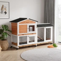 PawHut Clapier bois pour lapins petit enclos animaux villa pour lapin sur roulettes 2 étages 3 plateaux coulissants jaune(m-2)