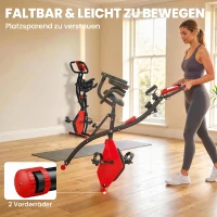 HOMCOM Vélo d'Appartement Pliable 4-en-1 - Ergomètre Magnétique Silencieux avec Cordes de Résistance - Sport Maison et Cardio-training avec Roulettes, Selle Confort et LCD (Max 120kg), Rouge(m-7)