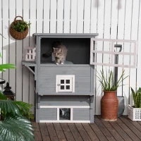 PawHut Casa para Gatos de Madeira Exterior Casa Grande para Gatos de 3 Andares com Múltiplas Entradas Janelas e 2 Plataformas para Terraço Balcão Jardim 98x68,5x122cm Cinza(m-2)