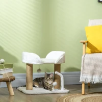 PawHut Arbre à chat grattoir design avec jeu 2 pompons suspendus 2 poteaux sisal plateforme peluche sisal 48 x 38 x 42 cm beige(m-7)