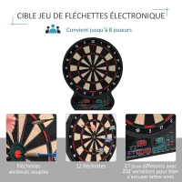 HOMCOM Cible Jeu de fléchettes électronique 27 Jeux Principaux et 202 variations, jusqu'à 8 Joueurs, avec 12 fléchettes Pointes Souples, 30 pointes de rechange, Affichage LED Noir(m-5)
