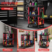 HOMCOM Carrello Porta Attrezzi a 3 Livelli in Plastica con Pannello Forato Laterale, Nero e Rosso(m-6)