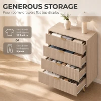 HOMCOM Bedroom Chest of Drawers with 4 Drawers, Fluted Dresser with Gold Tone Handles, Storage Cabinet, Natural(m-5)