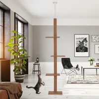 PawHut 260cm Floor To Ceiling Cat Tree for Indoor Cats w/ 3 Perches Flannel Upholstery Kitten Pet Rest Sleep Activity Tower Home Furniture Brown(m-2)