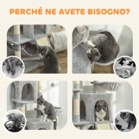 PawHut Albero Tiragraffi per Gatti con 2 Casette, 2 Lettini, Trespolo e 2 Palline, 48x40x177 cm, Grigio Chiaro e Beige(m-7)