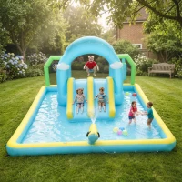 AIYAPLAY Castillo Hinchable Acuático 7 en 1 con Soplador 2 Toboganes Trampolín Piscina Canasta Columna de Boxeo 426x360x198 cm(m-10)