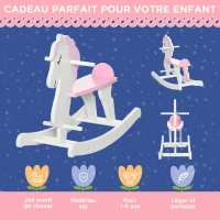 HOMCOM Animaux à bascule en bois pour enfant de 1 à 3 ans poignées repose-pied butées 68 x 27 x 46,5 cm blanc et rose(m-6)