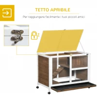 PawHut Conigliera a 2 Livelli con Casetta, Rampa e Vassoio Estraibile, in Legno di Abete, 91.5x53.3x73 cm, Marrone(m-5)