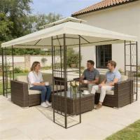 Outsunny Cenador de Jardín 4x3m con Doble Techo Estructura de Acero Anti-UV para Exterior Patio Terraza Blanco Crema(m-9)