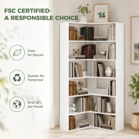 HOMCOM 7 Tiers Bookshelf, L-Shaped Corner Bookcase with Anti-Slip Rear Guard, White Wood Effect(m-8)