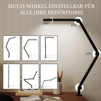 HOMCOM Schreibtischlampe, anpassbare Helligkeit und Farbe, Metallklemme, 96 LEDs, Schwarz(m-5)