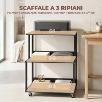HOMCOM supporto stampante 3 livelli con ruote, tavolino industriale metallo ufficio, nero.(m-4)