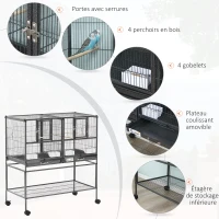 PawHut Cage à Oiseaux Volière Oiseaux Intérieur avec Séparation Mangeoire et Perchoir 95L x 45,5l x 102H cm Noir et Gris(m-4)