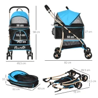 PawHut Passeggino per Cani Convertibile con 2 Guinzagli e Cuscino, in Acciaio e Poliestere, 82x49.5x98 cm, Azzurro e Nero(m-3)