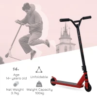 HOMCOM Street Stunt Scooter Intermediate and Beginner Freestyle Tricks Scooters For 14+ Teens Adult w/ Rear φ10cm Wheel & Brake - Red(m-4)