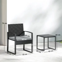 Outsunny Conjunto de Móveis de Exterior de 3 Peças em Vime PE com Cadeiras Mesa de Vidro Temperado e Almofadas Cinza Claro(m-3)