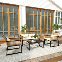 Outsunny Conjunto de Jardim 4 Peças de Vime Sintético com 2 Cadeiras 1 Sofá de 2 Lugares e Mesa de Centro Madeira e Creme(m-10)