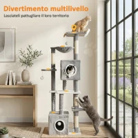 PawHut Albero Tiragraffi per Gatti con 2 Casette, Rampa, Trespoli e 4 Palline, 48x40x165 cm, Grigio e Bianco(m-4)