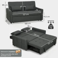 HOMCOM Sofá Convertible 2 Plazas 3 en 1, Sofá Cama Clic Clac 160 cm, Respaldo Regulable, Asiento Amplio, 2 Cojines, Gris oscuro(m-3)