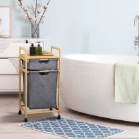 HOMCOM Cesto de Roupa de Bambu com 2 Bolsas de Tecido Amovíveis Prateleira Aberta 4 Rodas 42x35x84,5cm Cinza e Madeira(m-10)