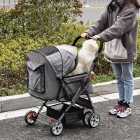 PawHut Poussette buggy pliable chien chat panier et sac de rangement attaches sécurité housse réglable acier Oxford gris chiné noir(m-10)