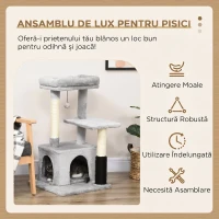 PawHut Arbore de Joacă pentru Pisici Multinivel cu Pat și Căsuță, Acoperit cu Blană Sintetică, Gri(m-4)