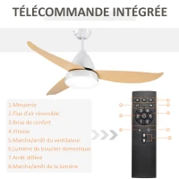 HOMCOM Ventilateur plafond avec lumiere 24 W réversible, ventilateur de plafond avec 3 pales et télécommande 6 vitesses silencieux, lampe ventilateur plafond LED Ø122 cm, pour chambre, salon, blanc(m-8)