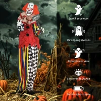 Outsunny Angstaanjagende Clown, Halloween-animatronic, 173 cm, oplichtende ogen, Geluid Activering, Beweegbare Armen en Hoofd, Batterijgevoed, Kunststof, Metaal, Rood(m-6)