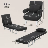 HOMCOM Single Sofa Bed, 3-in-1 Convertible Folding Chair Bed with Adjustable Backrest, Removable Armrests, Black(m-3)