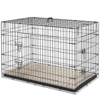 PawHut Jaula Dobrável para Cães com Almofada, Portas, Tabuleiro Amovível e Estrutura Metálica, 106x71,5x76 cm, Preto e Bege(m-7)