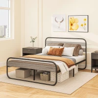 HOMCOM 4ft6 Double Bed Frame, Industrial Style Metal Platform Bed Frame with Under Bed Storage, No Box Spring Needed, Easy Assembly, Grey(m-10)
