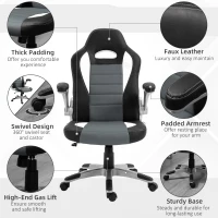HOMCOM Racing Office Chair PU Leather Computer Desk Chair Gaming Style with Wheels, Flip-Up Armrest, Grey(m-7)