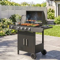Outsunny Barbacoa de Gas con 4+1 Quemadores 14,4 KW Mesas Laterales Armario de Almacenaje Termómetro y 2 Ruedas Acero Inoxidable BBQ 125x51x100 cm Negro(m-9)