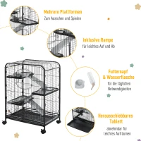 PawHut Knaagdierkooi 3-laagse kooi voor kleine dieren, voerbak, waterfles, rolbaar(m-6)