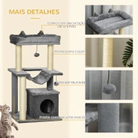 PawHut Arranhador para Gatos de 3 Níveis com Caverna Rede Plataforma Bolas Suspensas e Poste de Sisal 48x48x90 cm Cinza(m-7)