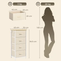 HOMCOM Chest of Drawers with 4 Fabric Drawers, Tall Storage Unit with 2 Hooks and Steel Frame for Bedroom, Beige(m-3)