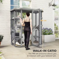 PawHut Catio Outdoor Cat Enclosure,  Wooden Cat House with Platforms, Condo and Waterproof Cover for 2–3 Kittens, Grey(m-5)