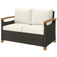 Outsunny 2 Seater Rattan Garden Sofa, Outdoor Sofa with Thickened Cushions and Acacia Wood Armrests, Brown(m-15)