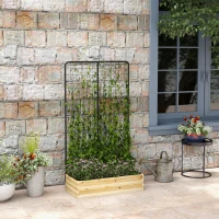 Outsunny Houten verhoogde plantenbak met klimrek, voering van vliesstof, natuurlijk hout, staal, 80x38x145 cm, zwart(m-2)