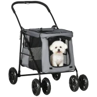 PawHut Dog Pram Dog Stroller 4 Wheels Pet Pushchair with Rolling Door, Cushion, Safety Leashes, for Small and Medium Breeds, Grey(m-1)