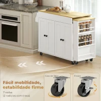 HOMCOM Ilha de Cozinha com Rodas Tampo Extensível Carrinho de Cozinha com 4 Portas Prateleiras Ajustáveis Estante Lateral Aberta Branco(m-7)