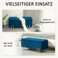 HOMCOM Gepolsterde bank met opbergruimte, metaal, rubberhout, schuim, 100 x 40 x 42 cm, donkerblauw(m-6)