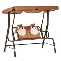 Outsunny 2 Seater Kids Garden Swing Seat, Children Outdoor Patio Lounge Chair for Gardens w/ Adjustable Awning, Seatbelt, Monkey Pattern - Brown(m-1)