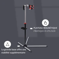 HOMCOM Pied d'Atelier Vélo Support de Réparation Professionnel, Charge 30kg pour VTT - Stand de Montage Pliable avec Plateau à Outils - Hauteur Réglable 180cm et Pince Rotative 360, Gris Noir(m-5)
