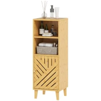 HOMCOM Armario de Baño Estrecho Mueble Auxiliar de Baño con 2 Estantes Abiertos Puerta y Patas de Bambú 32x30x90 cm Natural(m-11)